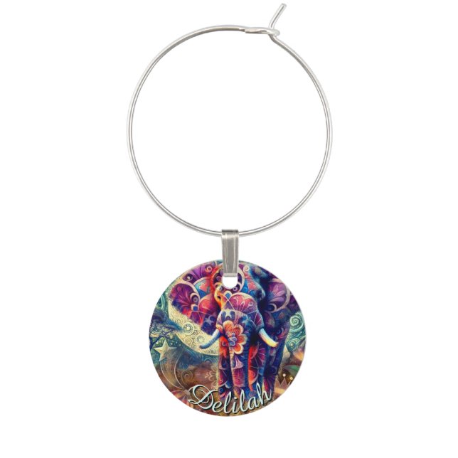Whimsical Elephant Celestial Fantasy Boho Dreamy Wine Charm (Front)