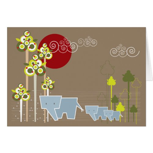 Whimsical Elephant Family In The Forest  Red Sun