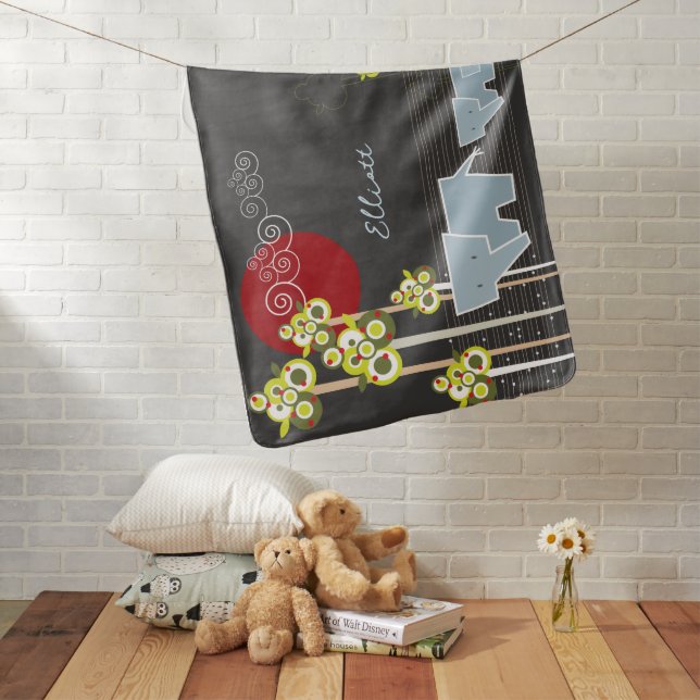 Whimsical Elephant Family In The Forest & Red Sun Baby Blanket (In Situ)