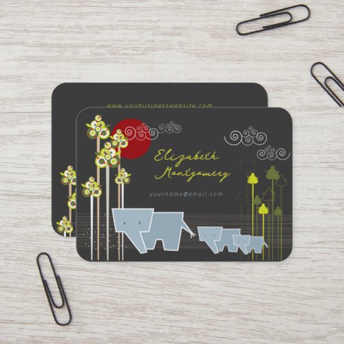 Whimsical Elephant Family In The Forest  Red Sun Business Card