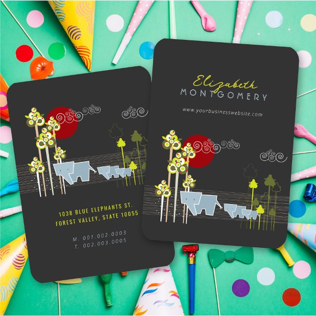 Whimsical Elephant Family In The Forest & Red Sun Business Card (Whimsical Stylized Elephant Family In The Forest & Red Sun Business Card @ fatfatin)