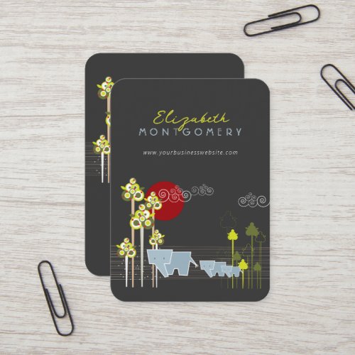 Whimsical Elephant Family In The Forest  Red Sun Business Card