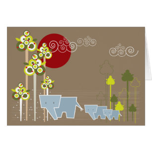 Whimsical Elephant Family In The Forest & Red Sun Cards