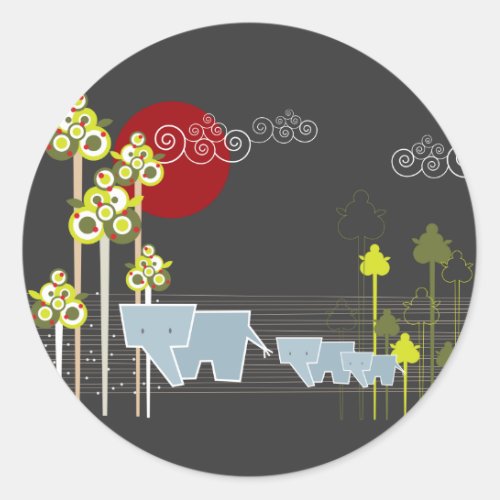 Whimsical Elephant Family In The Forest  Red Sun Classic Round Sticker