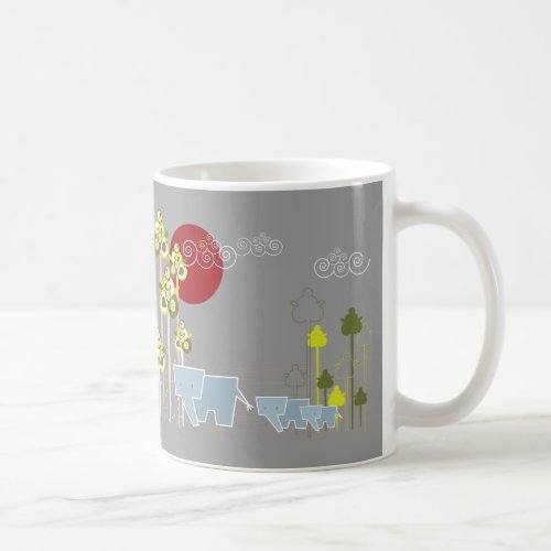 Whimsical Elephant Family In The Forest  Red Sun Coffee Mug