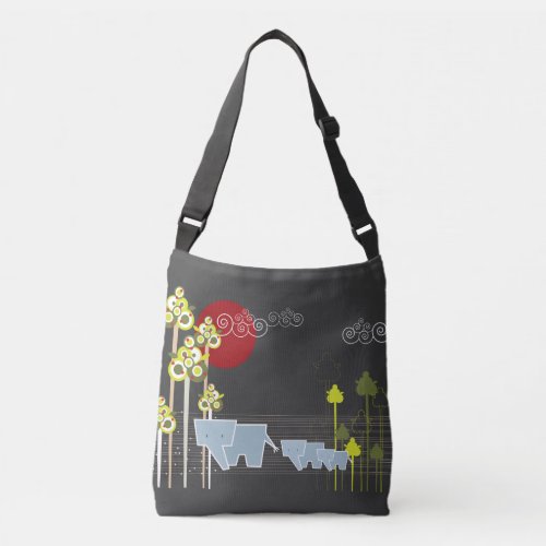 Whimsical Elephant Family In The Forest  Red Sun Crossbody Bag