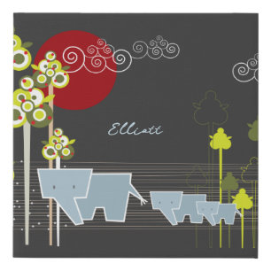 Whimsical Elephant Family In The Forest & Red Sun Faux Canvas Print