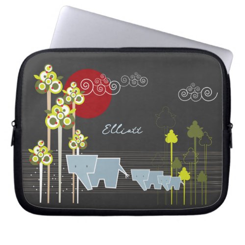 Whimsical Elephant Family In The Forest  Red Sun Laptop Sleeve
