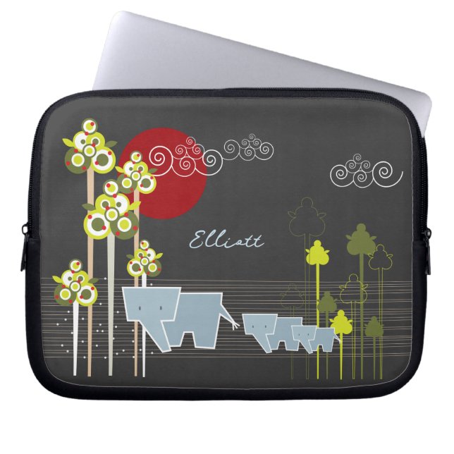 Whimsical Elephant Family In The Forest & Red Sun Laptop Sleeve (Front)