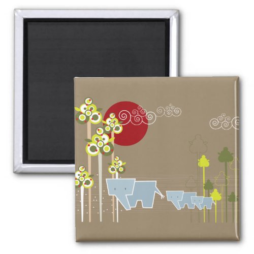 Whimsical Elephant Family In The Forest  Red Sun Magnet