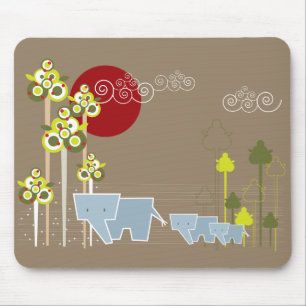 Whimsical Elephant Family In The Forest & Red Sun Mouse Pad