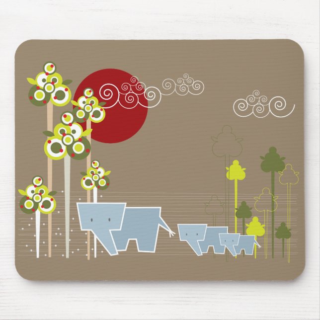 Whimsical Elephant Family In The Forest & Red Sun Mouse Pad (Front)