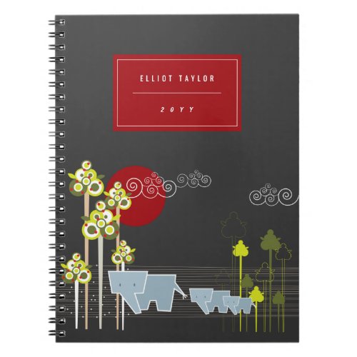 Whimsical Elephant Family In The Forest  Red Sun Notebook