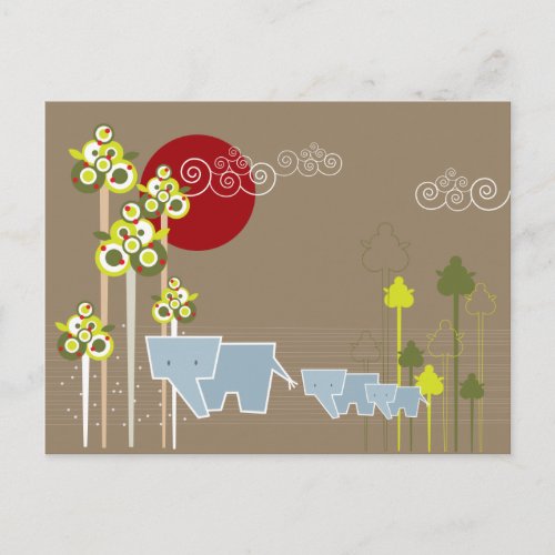 Whimsical Elephant Family In The Forest  Red Sun Postcard