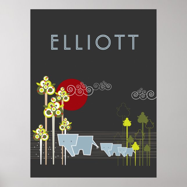 Whimsical Elephant Family In The Forest & Red Sun Poster (Front)