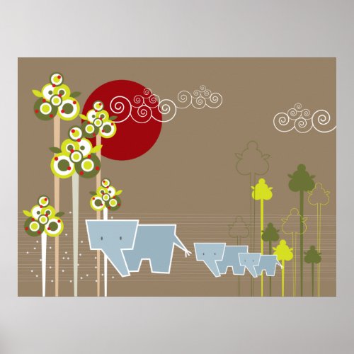 Whimsical Elephant Family In The Forest  Red Sun Poster