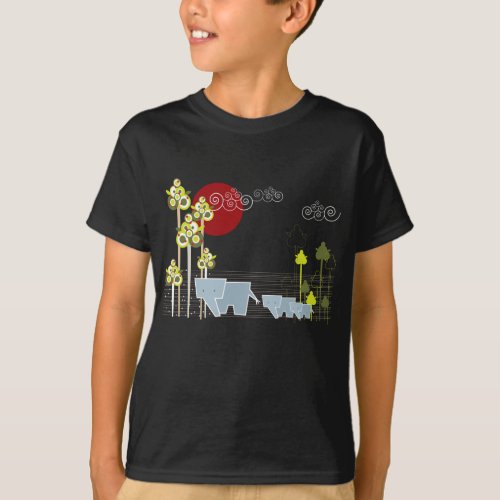 Whimsical Elephant Family In The Forest  Red Sun T_Shirt