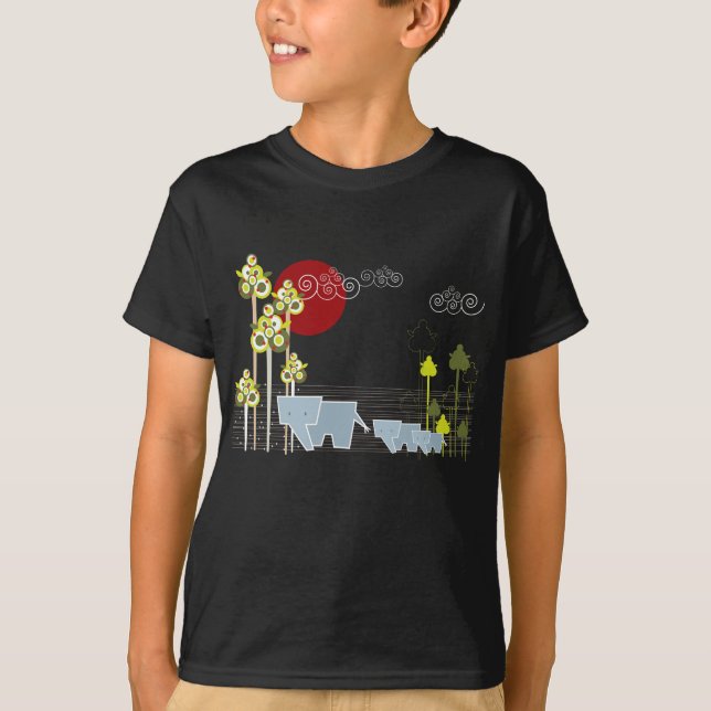 Whimsical Elephant Family In The Forest & Red Sun T-Shirt (Front)