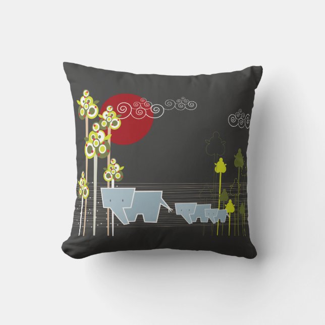 Whimsical Elephant Family In The Forest & Red Sun Throw Pillow (Front)