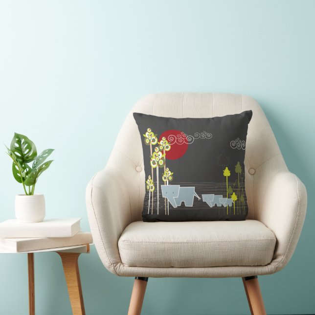 Whimsical Elephant Family In The Forest & Red Sun Throw Pillow (Chair)