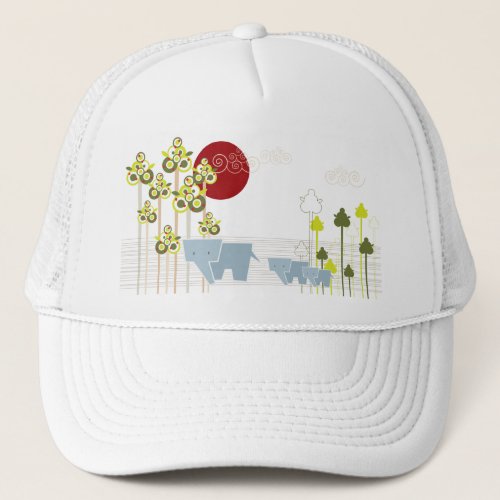 Whimsical Elephant Family In The Forest  Red Sun Trucker Hat