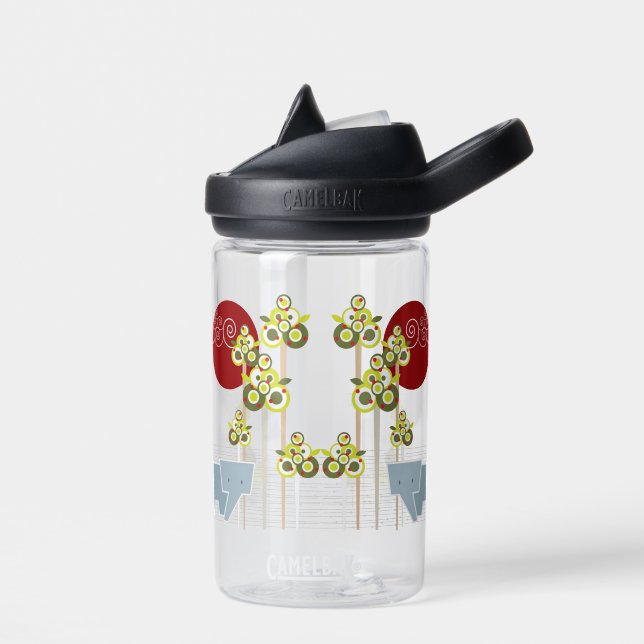 Whimsical Elephant Family In The Forest & Red Sun Water Bottle (Left)