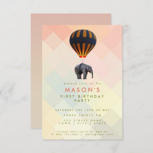 Whimsical Elephant  Hot Air Balloon  Birthday Invitation