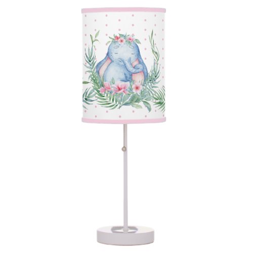 Whimsical Elephant Pink White Floral Tropical Baby Table Lamp