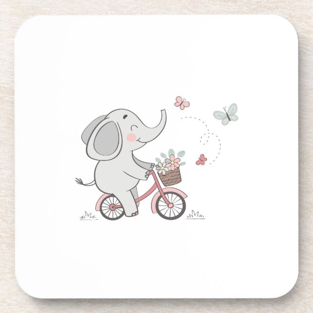 Whimsical Elephant Riding Bike –Kids Animal Design Beverage Coaster (Front)