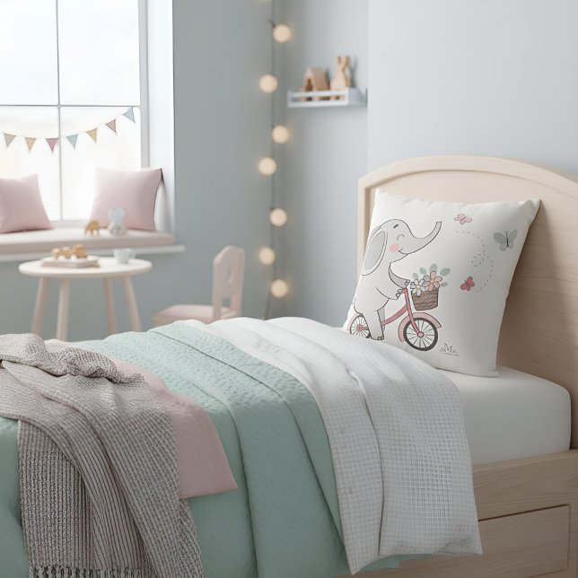 Whimsical Elephant Riding Bike –Kids Animal Design Throw Pillow ("Whimsical Elephant Kids Throw Pillow – Add Fun and Color to Your Child’s Bedroom or Nursery!")