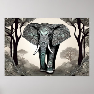 Whimsical Elephant Sketch - Black & White with a Poster