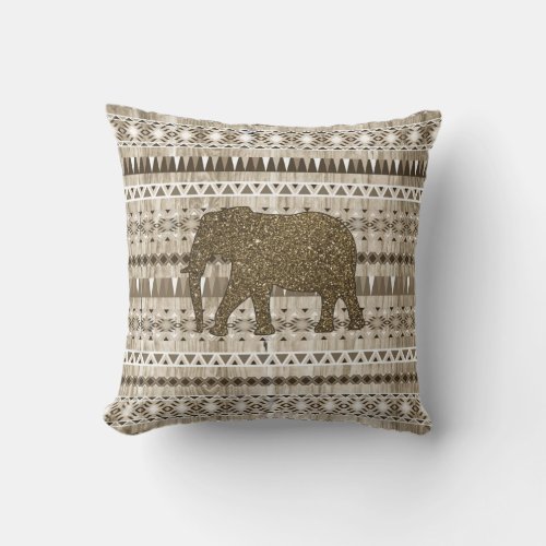 Whimsical Elephant Tribal Pattern on Wood Design Throw Pillow