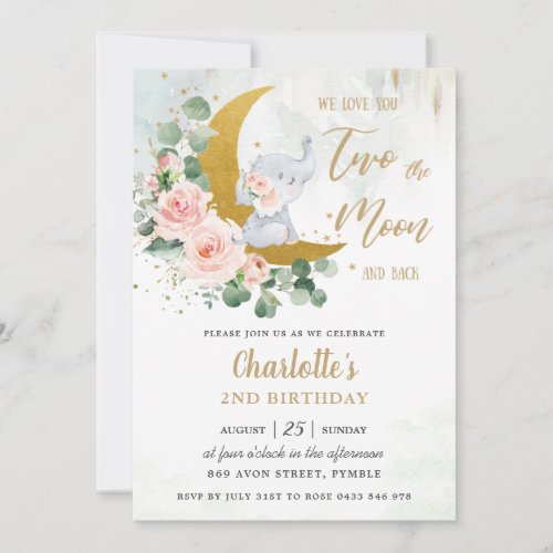 Whimsical Elephant Two the Moon 2nd Birthday Invitation