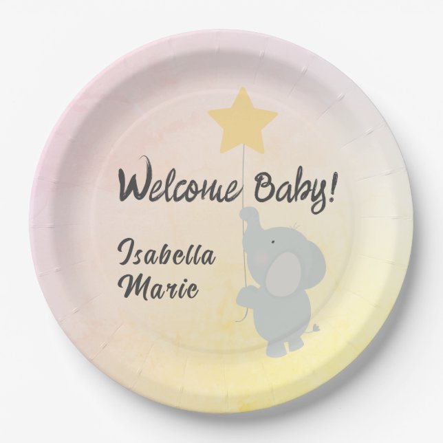 Whimsical Elephant Welcome Baby Paper Plates (Front)