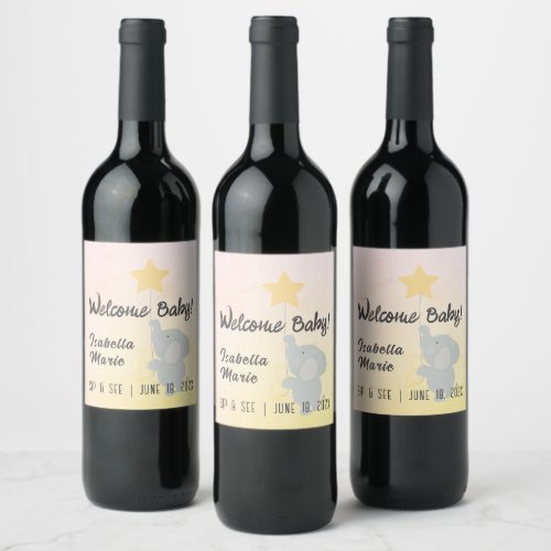 Whimsical Elephant Welcome Baby Wine Label