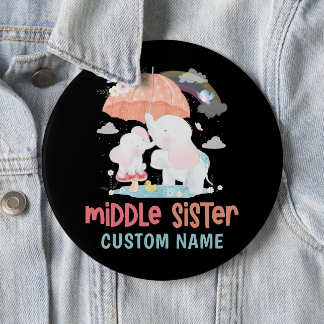 Whimsical Elephants Middle Sister Custom Name Button (In Situ)
