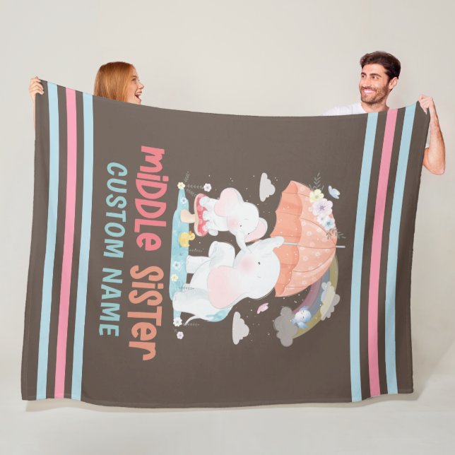 Whimsical Elephants Middle Sister Custom Name Fleece Blanket (In Situ)