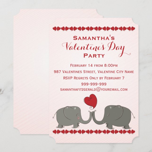 Whimsical Elephants Valentines Day Party Invitation (Front/Back)
