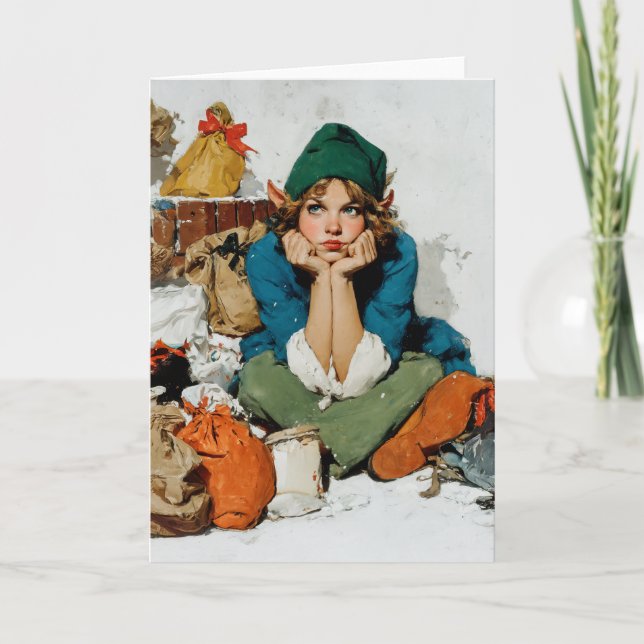 Whimsical Elf Among Gift Bags Holiday Card (Front)