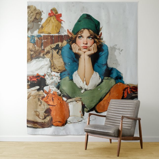 Whimsical Elf Among Gift Bags Tapestry (In Situ)