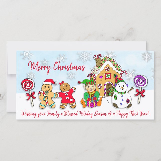 Whimsical Elf and Gingerbread House Christmas Card (Front)