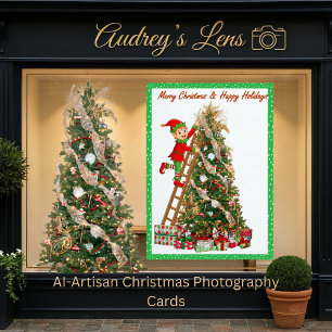 Whimsical Elf Climbing Ladder to Tree Holiday Card