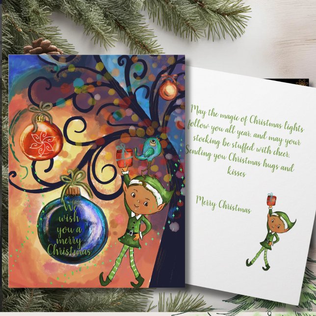 Whimsical Elf Holding Gift & Bird Christmas Card (Whimsical Elf Holding Gift & Bird Christmas Card)