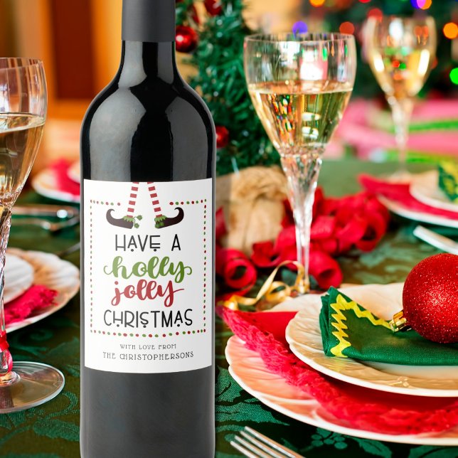 Whimsical Elf Legs Holly Jolly Christmas Wine Label (Creator Uploaded)