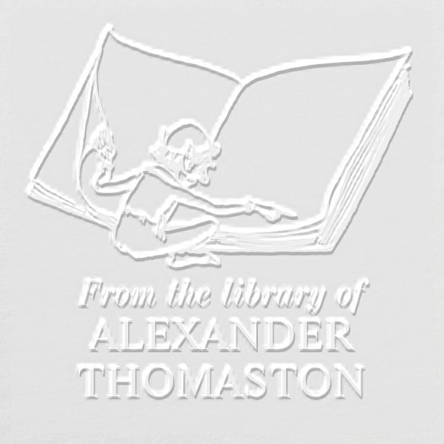 Whimsical Elf Reading Large Book Library Name Embosser (Design)