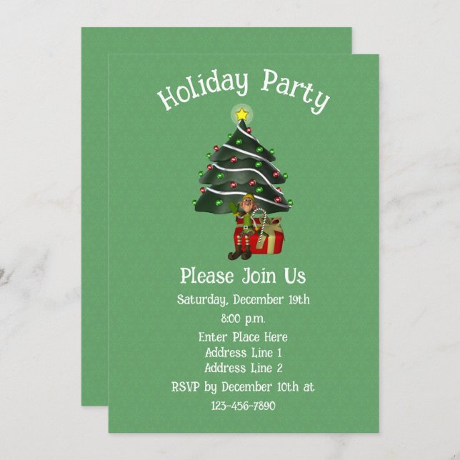 Whimsical Elf Tree Present Christmas Holiday  Invitation (Front/Back)