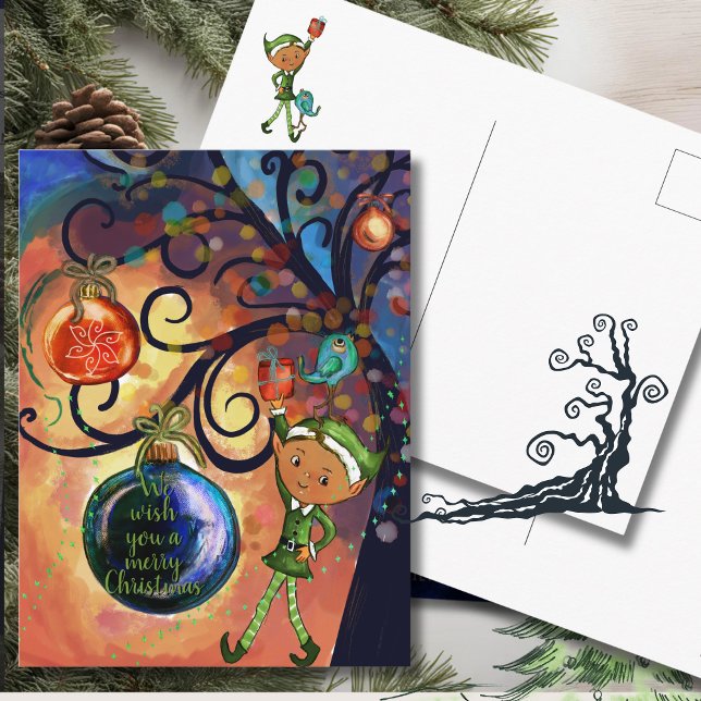 Whimsical Elf with Bird under a Tree Christmas  Postcard (Whimsical Elf with Bird under a Tree Christmas Postcard)