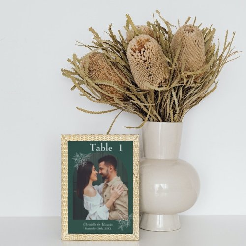 Whimsical emerald green wedding photo table number