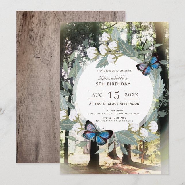 Whimsical Enchanted Forest Blue Butterfly Birthday Invitation (Front/Back)
