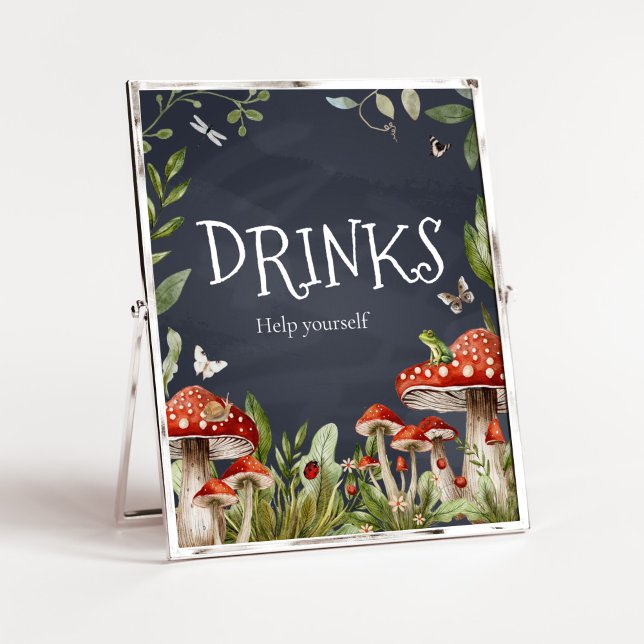Whimsical Enchanted Forest Mushroom Drinks Poster (Rustic Mushroom Baby Shower Drinks Sign)